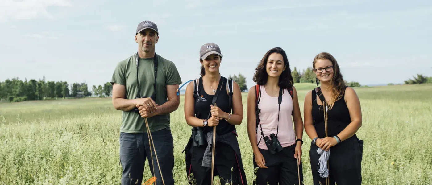 Four U N E researchers stand in a grassy field